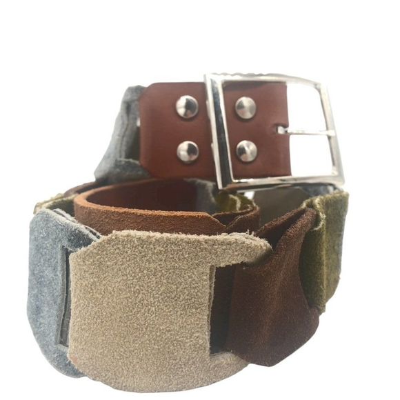 Vintage Boho Hippie Suede Leather Patchwork Block Interlocking Belt Gold Buckle main image 13